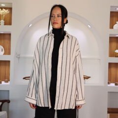 Çizgili Oversize Keten Gömlek | Siyah-Beyaz
