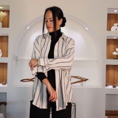 Çizgili Oversize Keten Gömlek | Siyah-Beyaz