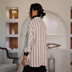 Çizgili Oversize Keten Gömlek | Siyah-Beyaz