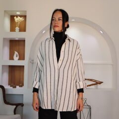 Çizgili Oversize Keten Gömlek | Siyah-Beyaz