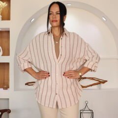 Çizgili Oversize Keten Gömlek | Krem-Kahve