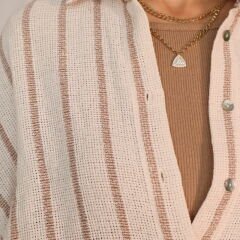 Çizgili Oversize Keten Gömlek | Krem-Kahve