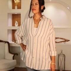 Çizgili Oversize Keten Gömlek | Krem-Mavi